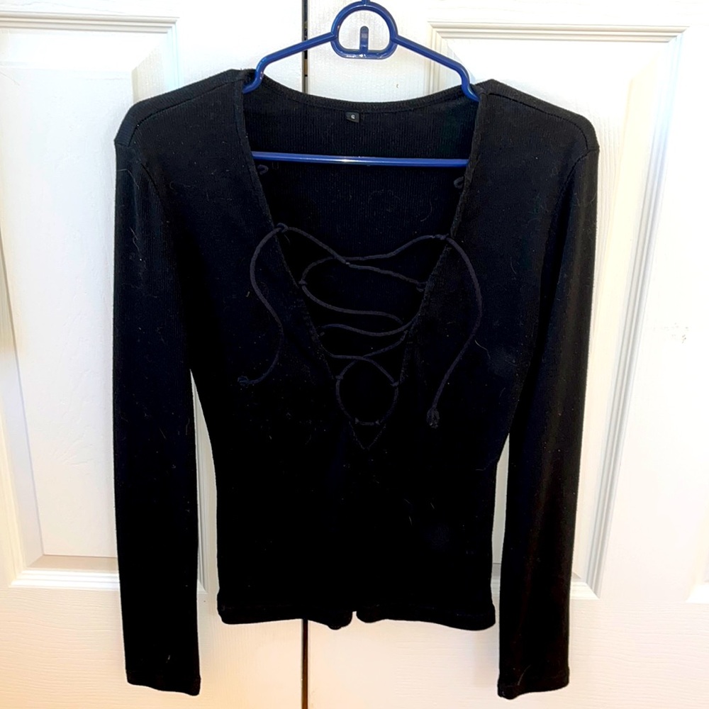 Black Ribbed Short with Pinging Deep V Neck with Tie String